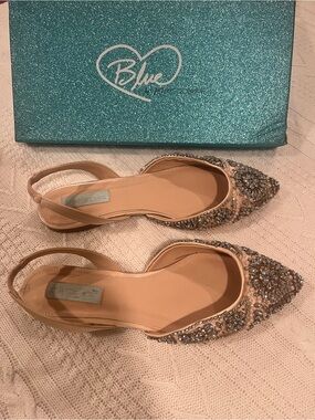 Betsey Johnson Blue Molly Champagne Satin Embellished Flats - 8.5